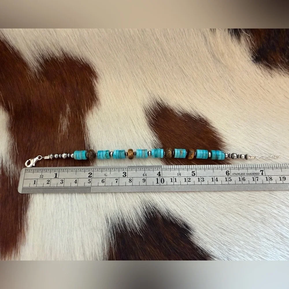 ❤️ 925 Desert Pearl Saucers Kingman Blue Turquoise Tigers Eye Bracelet 6.75+75”L